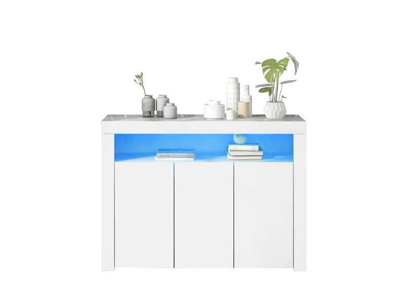 Buffet 130x35x95 cm 3 portes avec éclairage led panneau de particules blanc - Conforama A