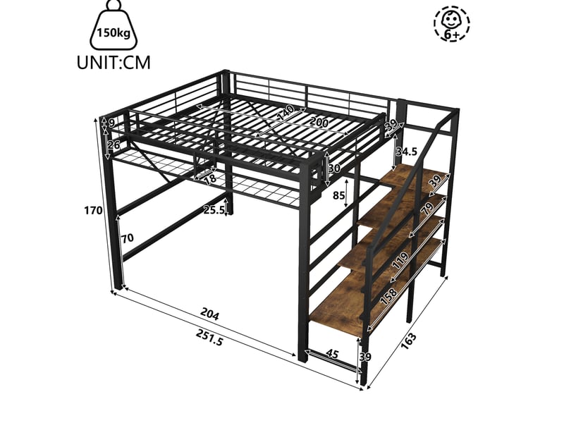  Lit mezzanine modenvie 140 x 200 cm en métal et mdf avec étagères à marches led rangement ouvert noir  - Conforama C