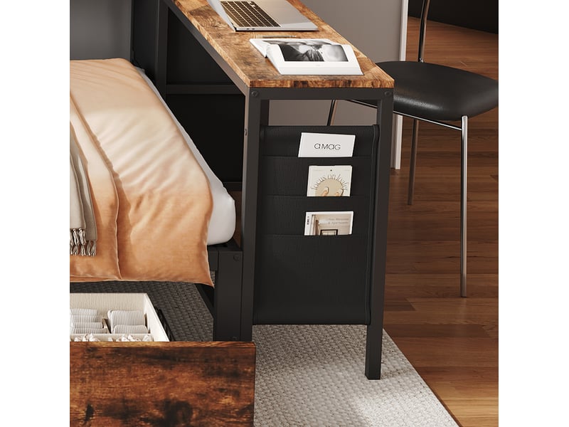  Lit simple 120 × 200 cm 1 place avec 2 tiroirs, prise de recharge et table latérale, sans matelas, noir naturel  - Conforama E