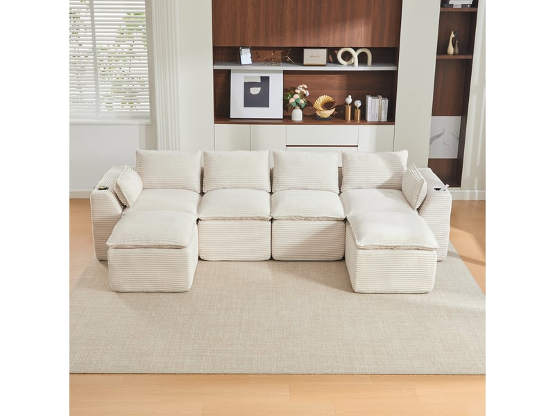 Canapé modulable compression d'angle en u,322x161x75cm,velours côtelé,canapé 4 places avec 2 poufs,porte-gobelets,poches latérales,sans montage,beige - Conforama B