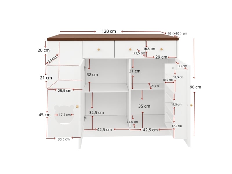  Île de cuisine 120×70×90 cm – chariot et bahut tiroirs, plan coulissant, épices, espace animaux sans chat, blanc et noyer  - Conforama C