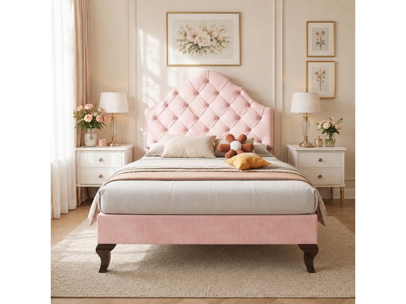 Lit simple capitonné 90x200 cm en velours rose avec tête de lit réglable - Conforama C