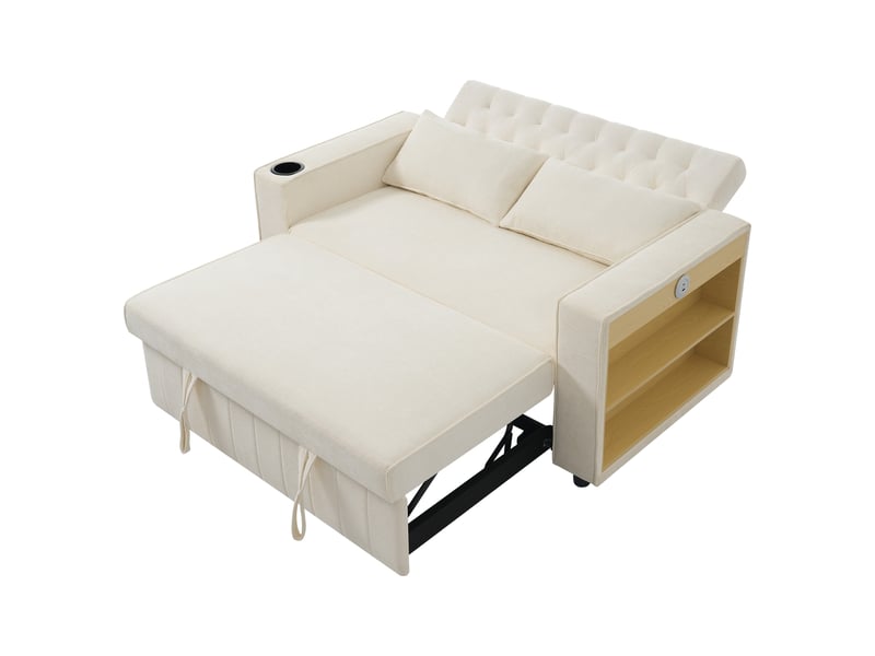  Canapé convertible 2 places avec dossier réglable, porte-gobelet, usb, étagère latérale, 2 coussins, tissu chenille - beige  - Conforama A