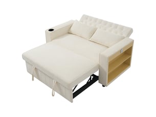 Canapé convertible 2 places avec dossier réglable, porte-gobelet, usb, étagère latérale, 2 coussins, tissu chenille - beige