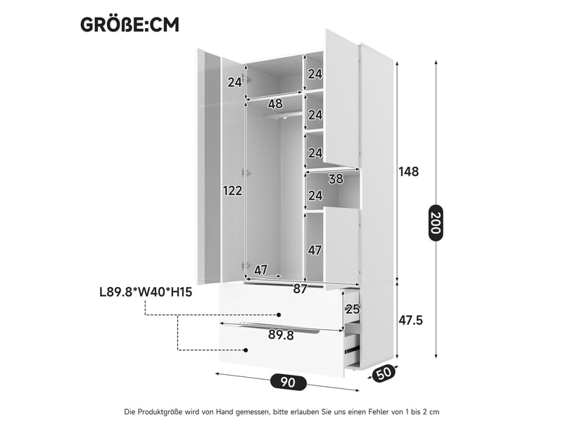  Armoire à 3 portes avec led, penderie, 2 tiroirs et 6 niches pour chambre en mdf et verre blanc 90 × 50 × 200 cm  - Conforama C