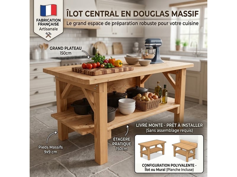  Îlot central de cuisine en douglas massif 150 cm livré monté  - Conforama E