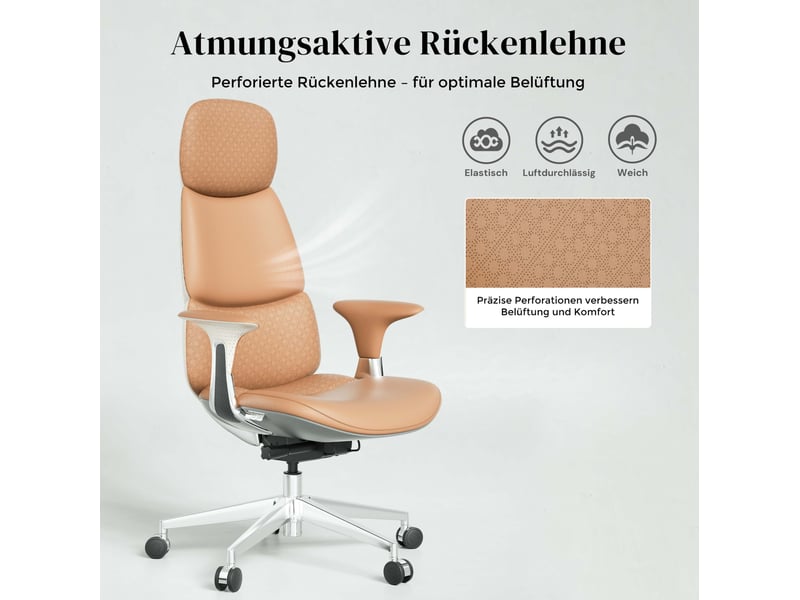 Fauteuil de bureau en cuir marron, mécanisme 3 leviers inclinable jusqu’à 135°, assise coulissante et réglable - Conforama E