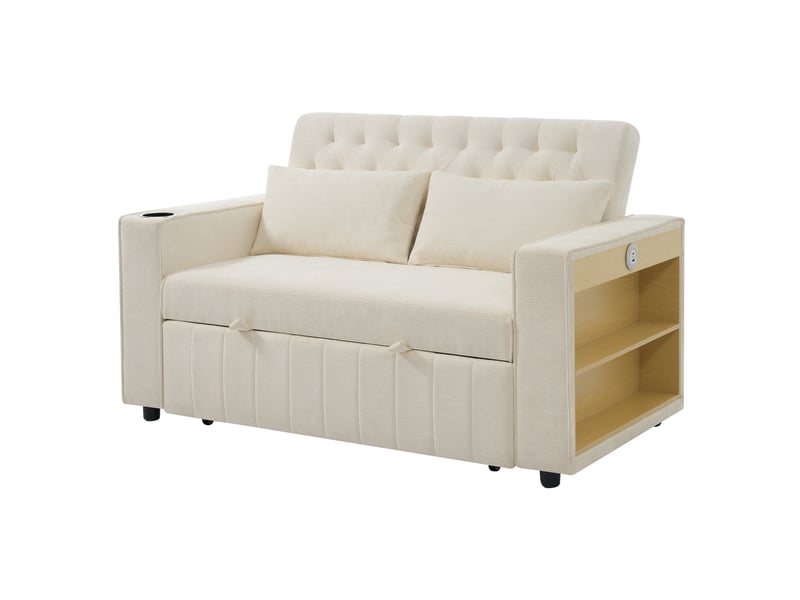  Canapé droit convertible 2 places beige en tissu, usb, rangement et dossier réglable 3 positions pour invités  - Conforama A