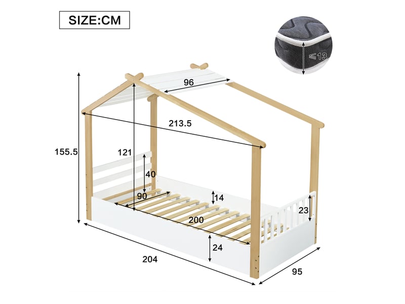  Modenvie lit cabane enfant 90x200 cm - sommier à lattes inclus, sans matelas - blanc et naturel  - Conforama C