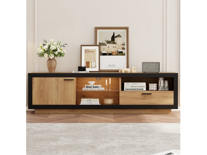  Meuble tv led avec 1 tiroir, rangement fermé et 3 niches, éclairage par application, pour salon, noir chêne, 160 × 40 × 50 cm  - Conforama D