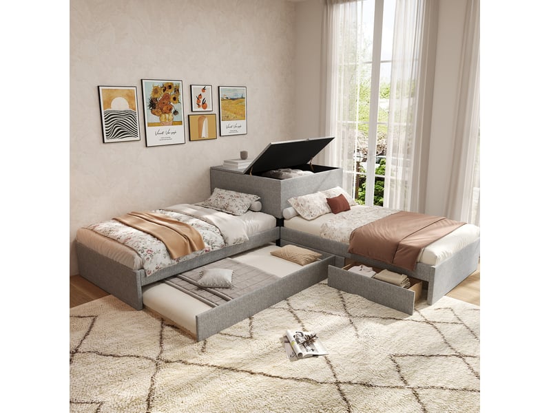 Lit gigogne 90x200 cm avec rangement en lin gris  - Conforama D
