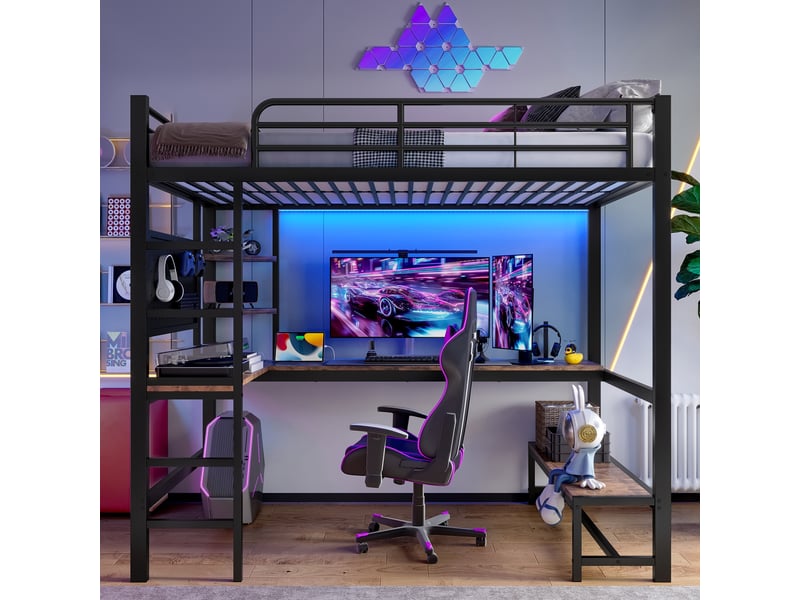  Lit mezzanine 90 x 200 cm avec bureau et étagères, en métal et mdf noir, avec panneau perforé et éclairage led  - Conforama E