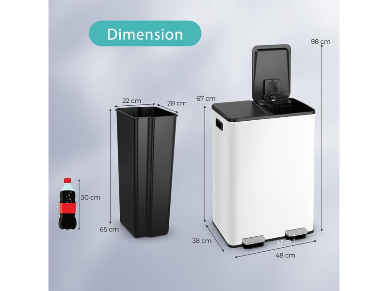 Poubelle tri 60l, poubelle à domicile avec 2 compartiments 30l, compartiment désodorisant intégré et cadre résistant(blanc,60l-2x30l) - Conforama B