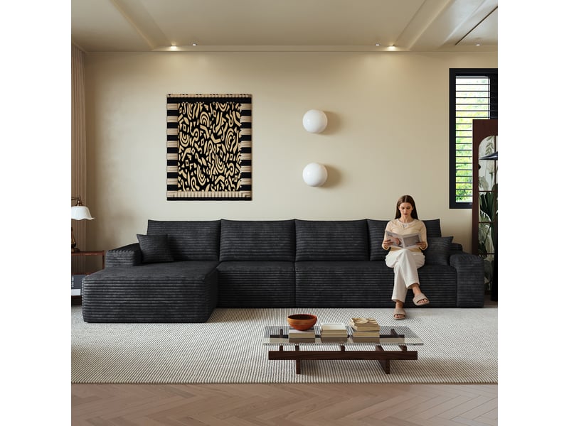  Canapé d'angle modulable noir 4 places velours côtelé avec méridienne en l - 340 cm assise profonde  - Conforama W