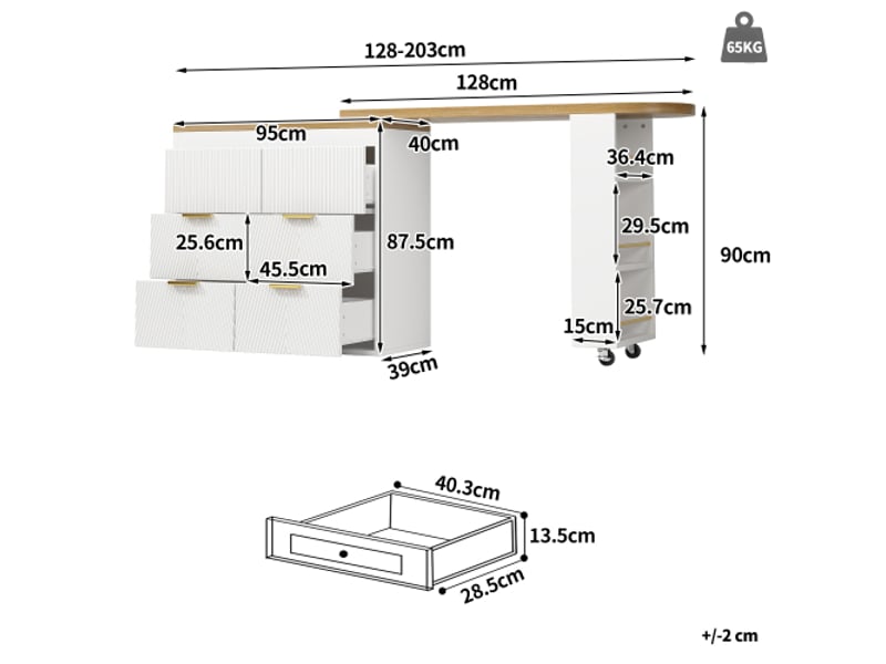  Table de bar avec 6 tiroirs, buffet de cuisine multifonction, pivotante à 360°, table à manger, bar maison ou bureau, design moderne  - Conforama C