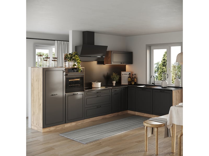  Vicco cuisine en angle, anthracite campagnechêne doré, 347 x cm plan de travail chêne doré  - Conforama C
