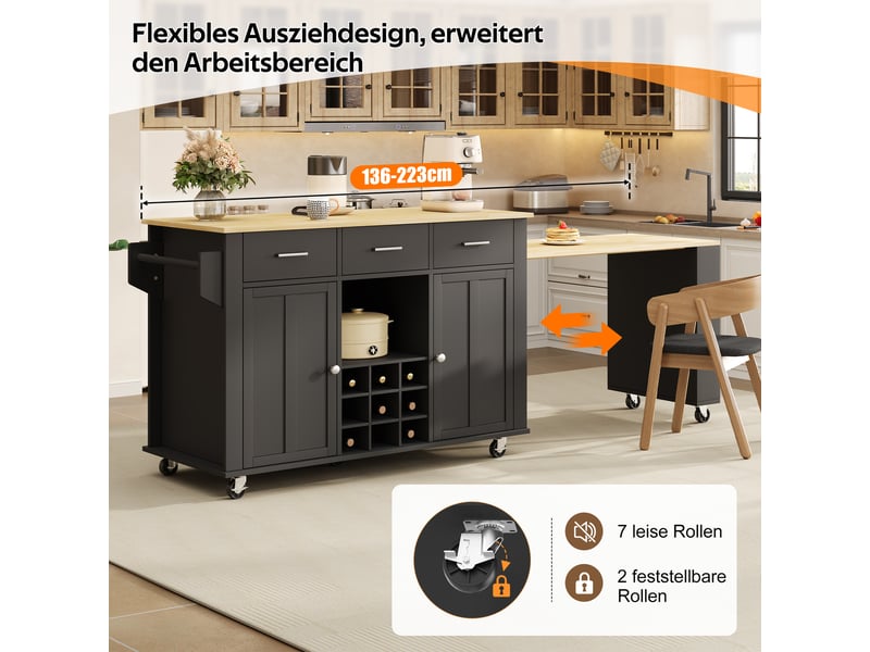  Îlot de cuisine avec plan extensible 3 tiroirs et roulettes noir et chêne N635P3920888990S - Conforama D