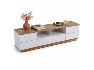 Meuble tv laqué blanc - rangement moderne avec portes et tiroirs, structure en mdf et finition bois clair, 180x38x46 cm