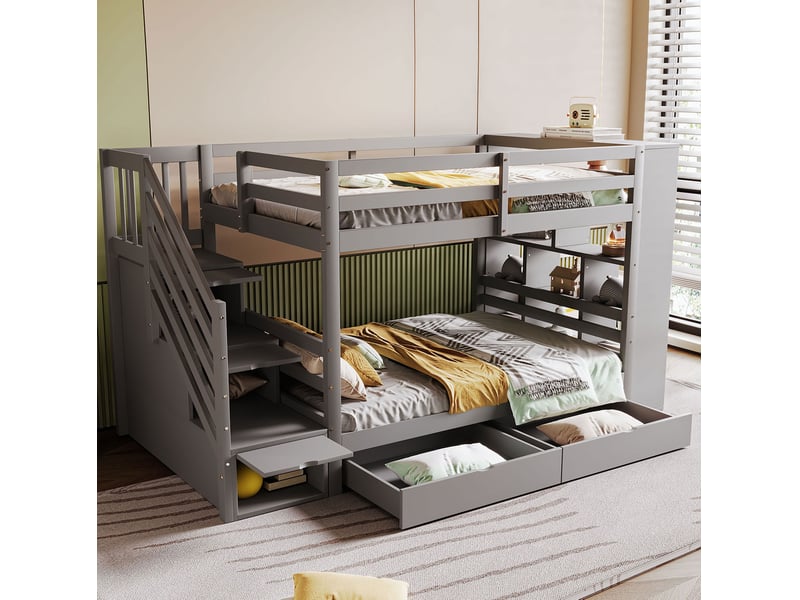  Modenvie lit superposé 90x200 cm - escalier avec rangement et tiroirs, sommier inclus - gris  - Conforama D