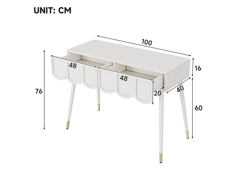 Coiffeuse élégante 100x40x76 cm avec 2 tiroirs, meuble de chambre, style moderne, gain de place, pieds métal, mdf blanc  - Conforama C