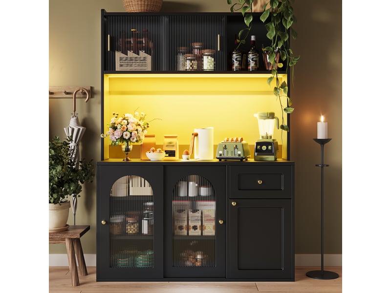  Buffet cuisine 3 portes et 1 tiroir, 120 x 35 x 167 cm, éclairage led, étagères réglables et dispositif anti-basculement, mdf, noir Morn Vibe - Conforama D