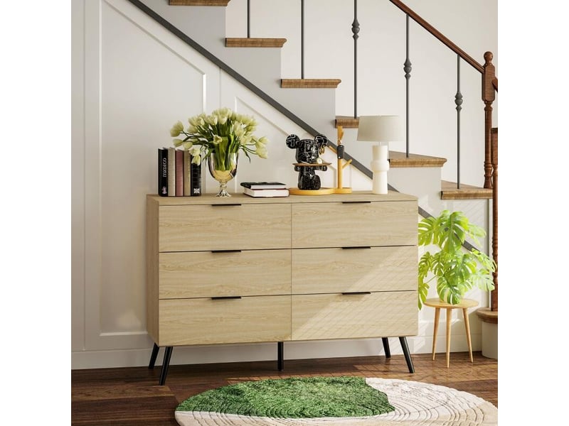  Commode 6 tiroirs commode moderne pour chambre à coucher avec design anti-basculement 110l x 40l x 75h cm aspect bois  - Conforama B