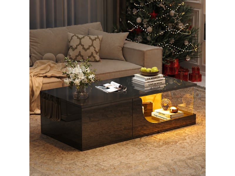 Table basse led noire avec 2 tiroirs, mdf et verre trempé, 100 x 50 x 30 cm, noir - Conforama B