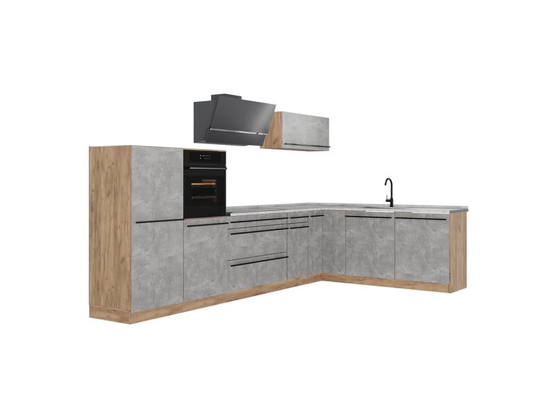  Vicco cuisine en angle, bétonchêne doré, 347 x cm plan de travail marbre  - Conforama A