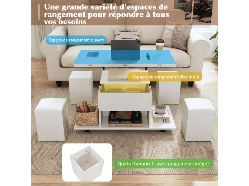  Table basse relevable avec rangement, transformable, 4 poufs et roulettes, 100 x 50 x 48 cm, blanc  - Conforama D