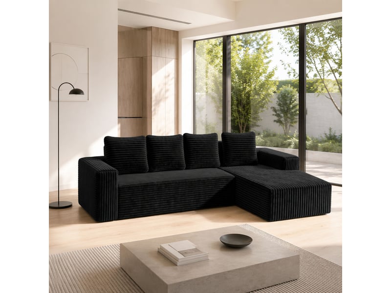  Canapé d’angle modulable 4 places 261 x 168 x 58 cm méridienne gauche, assise profonde, sans montage, velours côtelé noir  - Conforama D