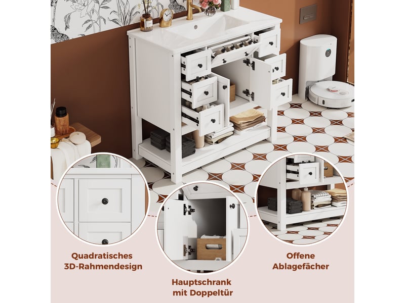  Meuble vasque blanc laqué mdf et céramique 91,5×46,5×90 cm, 6 tiroirs et 1 abattant, 2 portes, poignées noires  - Conforama D