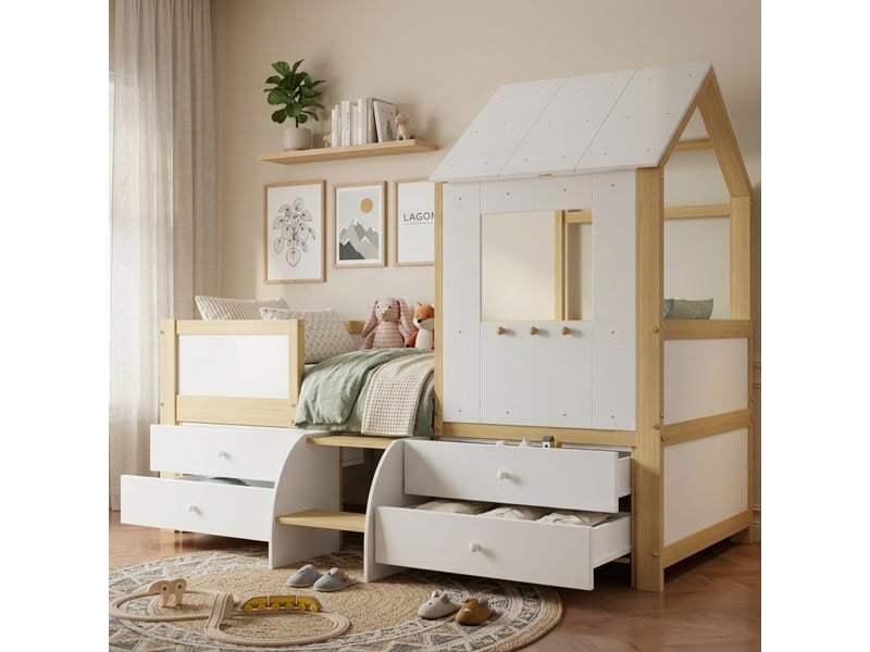 Lit cabane enfant 90x200 cm en pin blanc et naturel avec rangements et échelle - Conforama W