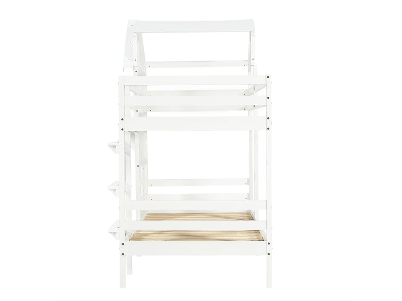  Lit superposé en bois, lit 2 places avec toit, fenêtres, barrières et échelle, 90x200 cm, sans matelas, blanc  - Conforama E