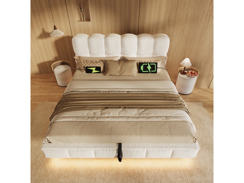 Lit coffre bubble en chenille beige 140x200 cm avec led, usb et type-c Fay Lum - Conforama E