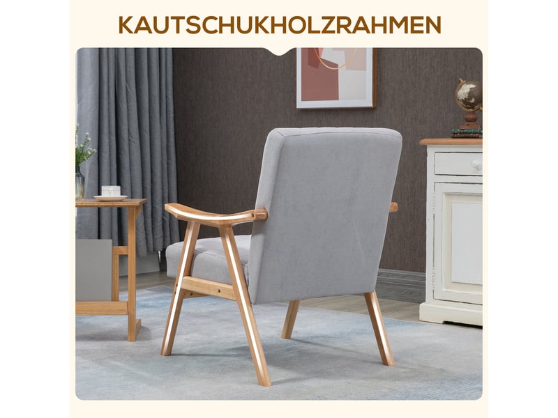  Fauteuil en bois massif aspect velours gris et naturel 68 x 74 x 82 cm  - Conforama E