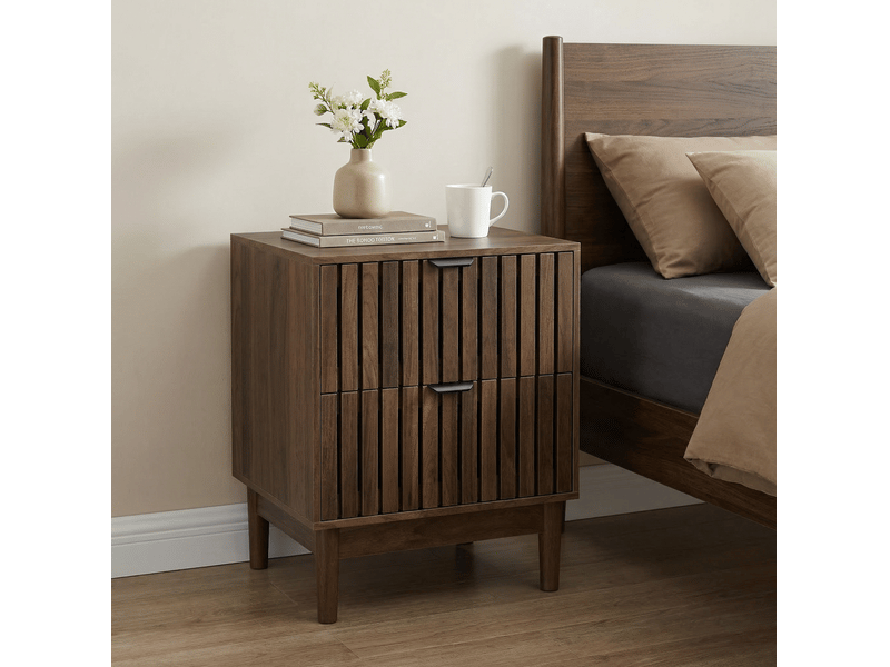  Table de chevet 2 tiroirs design lattes 45x39x56,5 cm, pieds en bois, poignées métal, mdf, noyer foncé  - Conforama B