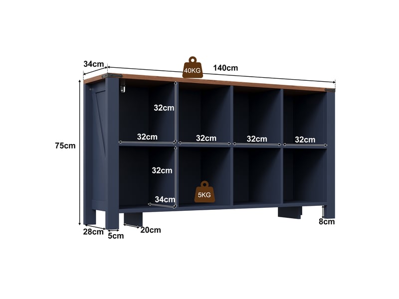  Buffet - 140x34x75cm - meuble de rangement ouvert avec 8 casiers &amp; plateau bois - bleu foncé  - Conforama E