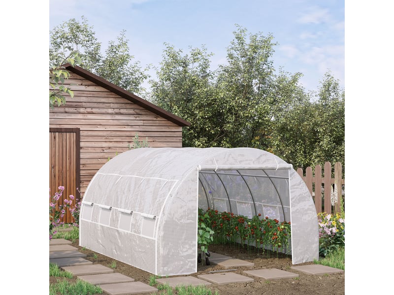  Serre de jardin serre tunnel 12 m² avec porte, parois latérales enroulables 8 fenêtres acier pe 4 x 3 x 2 m blanc  - Conforama D