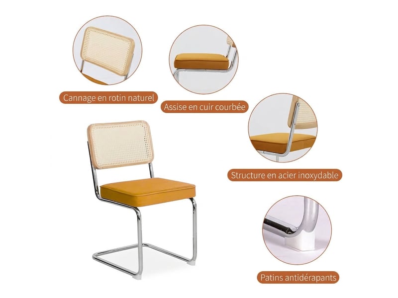  Lot de 2 chaises de salle à manger en velours orange, design moderne mid-century avec dossier rotin et pieds chromés  - Conforama R