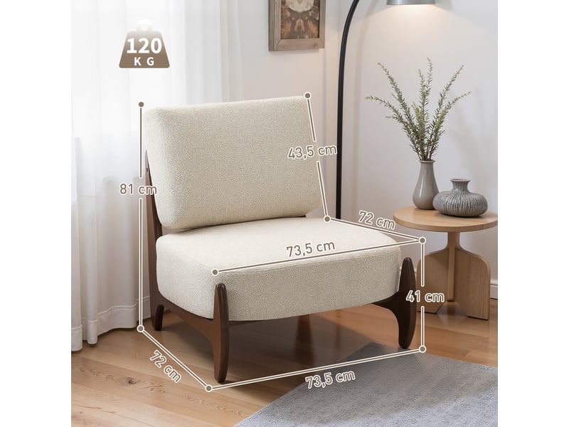  Fauteuil de salon en chenille et bois massif crème 72x73,5x81 cm  - Conforama C