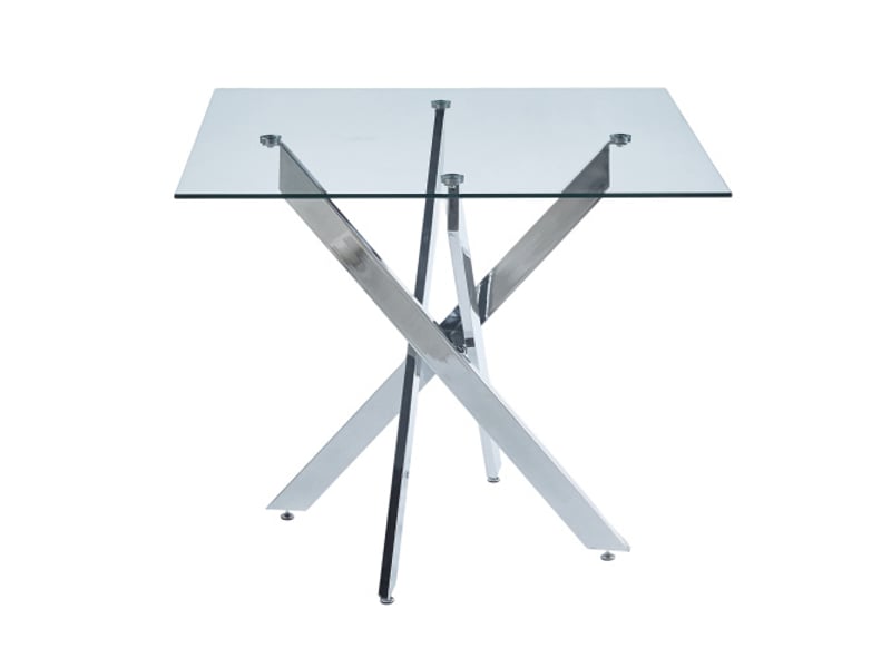  Table à manger en verre trempé 80×80 cm – pieds croisés en métal chromé, salon et cuisine, gain de place  - Conforama A