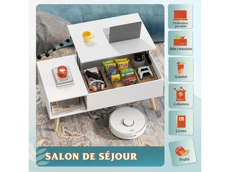 Table basse relevable avec coffre et niche ouverte, style mi-siècle, blanche, 100 x 50 cm, hauteur 41 à 57 cm  - Conforama E