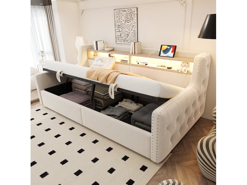  Canapé-lit 90x200 cm avec rangement hydraulique, led et ports de charge beige  - Conforama C