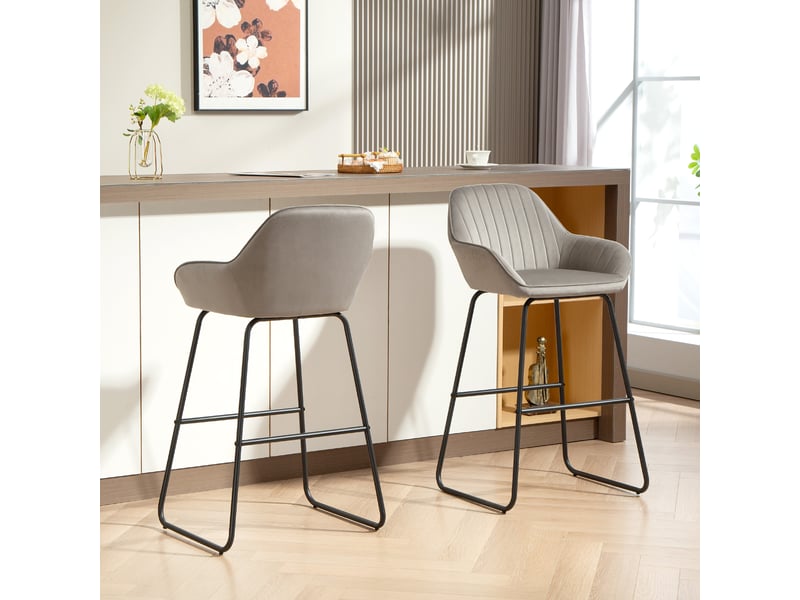  Ensemble de 2 tabourets de bar, chaises de bar avec revêtement en tissu et rembourrage en mousse, tabourets rembourrés avec pieds en métal, gris  - Conforama D