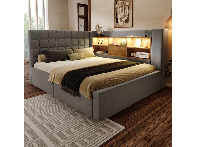  Lit coffre 140x190 cm avec led, ports usb, tête de lit réversible, gris  - Conforama D