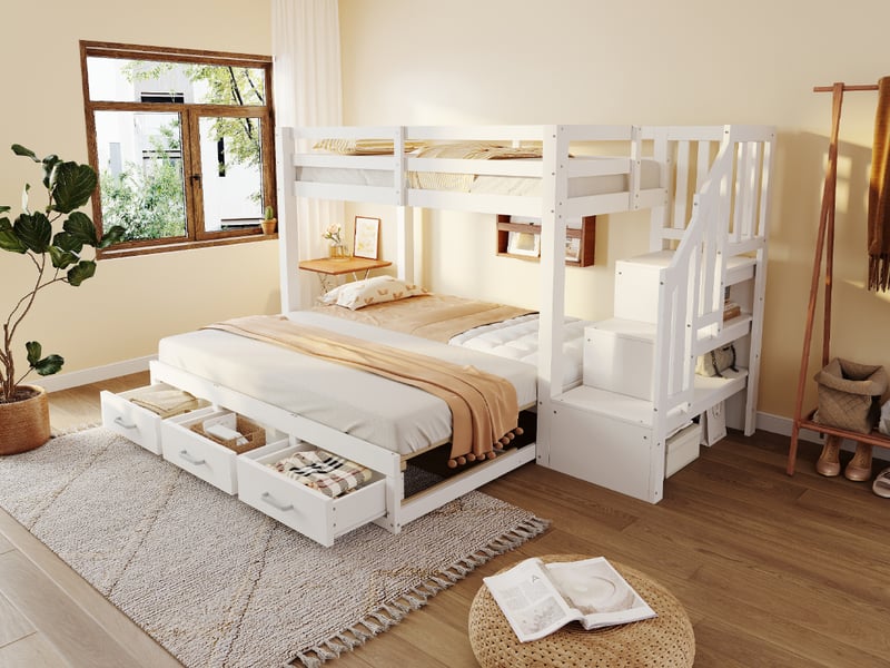  Lit superposé 90 × 200 cm, couchage bas extensible 90 à 180 × 190 cm, escalier rangement, 3 tiroirs, bois, blanc  - Conforama B