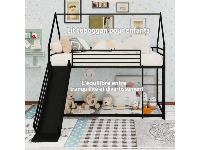  Lit superposé enfant avec toboggan 90 x 190 cm - structure cabane en métal noir  - Conforama R