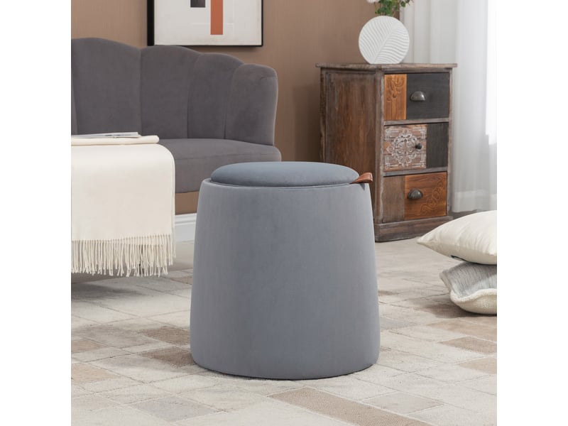  Tabouret rond ottoman 2 en 1 aspect velours gris avec espace de rangement, couvercle amovible ø44 cm x 47,5 cm, utilisation polyvalente comme table 838-270V00GY - Conforama C