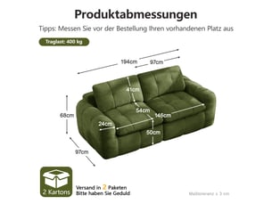 Canapé modulable sans structure 2 places , chenille vert, capitonnage quadrillé, mousse 32d, assise large et profonde