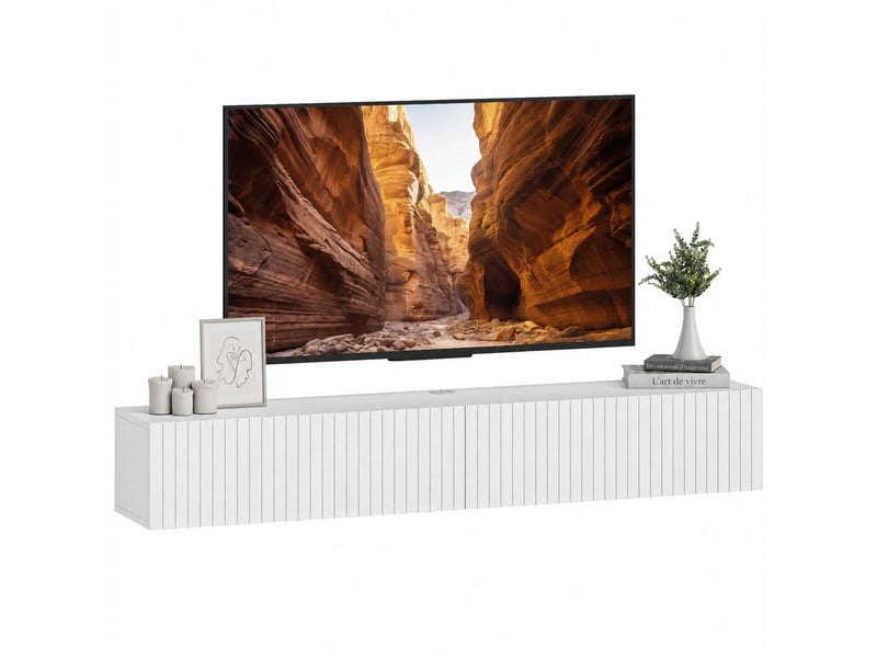  Meuble télé mural blanc de 140 cm, 2 portes abattantes cannelées sans poignées, mdf mélaminé, 140 x 25 x 22 cm  - Conforama A
